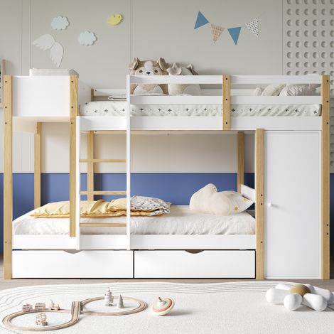 Letto a castello, letto per bambini, con scaletta a tre gradini, 2 armadietti, due cassetti su ruote, pino+MDF, bianco+naturale, 90x200cm
