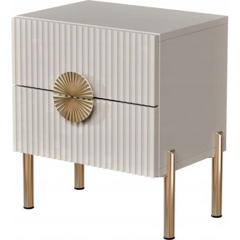 Table de Chevet Cachemire / Beige / Taupe -2 Tiroirs Façades Rainurées Poignée Dorée Pieds Métal Dorés (1/4)