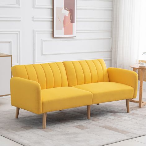 Jaune 173x75x73 cm - Canapé-lit moderne 2 places Canapé-lit pliant rembourré en lin synthétique avec dossier réglable à 3 niveaux et