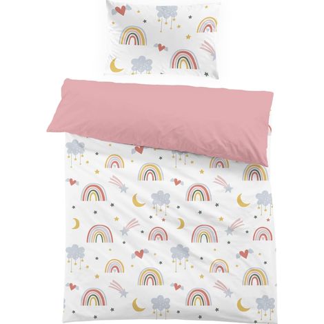 Housse de Couette 120x150 Enfant Fille Rose Arc-en-Ciel avec Taie d'oreiller 40x60cm Parure de Lit 1 Personne en Microfibre Multicolore 3D Motif Imprimé Etoile Lune Cadeau Garçon Fête (1/5)