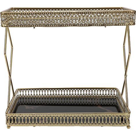 Étagère de rangement pour comptoir de salle de bain, gain de place, verre en fer, organisateur à 2 niveaux pour cosmétiques, parfum, noir avec motifs dorés (1/5)