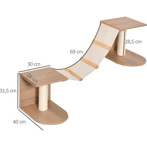 PawHut Katzenwandregal, Stofftreppe mit Plattformen und Sisal-Kratzstämmen, Kletterzentrum, 129 x 40 x 31,5 cm, Hellbraun (1/5)