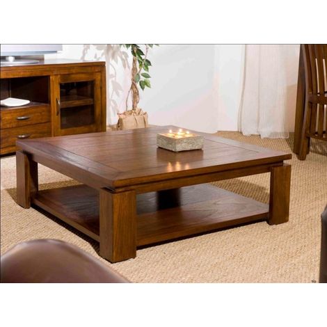 Macabane – Table basse carrée 90x90 cm en bois Mindi – Finition vernis gomme laque – 2 plateaux pratiques – Ambiance chaleureuse et ethnique (1/4)