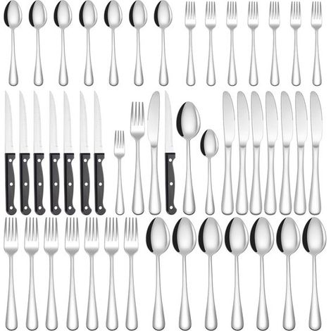 Ménagère 48 pièces - Service de table - Couverts en acier inoxydable - Comprend couteaux et fourchettes à steak, cuillères - Pour 7 personnes - Convient pour la maison, les fêtes et les restaurants -