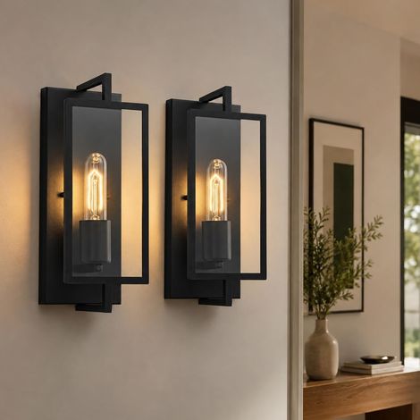 Lot de 2 Noir Applique Murale Intérieure en Métal et Verre, Vintage Applique Murale Chambre, Industrielle Lampe de Chevet Murale, 1 Lumière Applique Salle de Bain, Décoration Murale Salon Couloir (1/5)