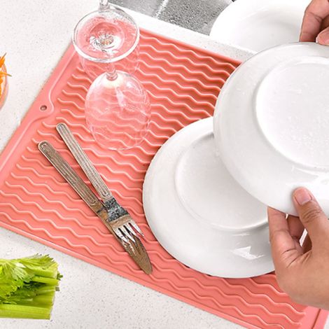 Set de table isolant thermique en TPR, tapis antidérapant, résistant à la chaleur, imperméable, tapis en caoutchouc antidérapant, tapis égouttoir, tapis filtre pour vaisselle, rose. (1/5)