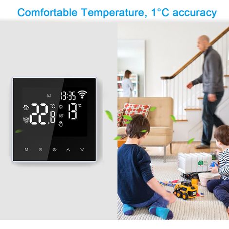 Intelligent Thermostat Connecté pour Chaudiere/Chauffage au Sol à Eau 16A Filaire Compatible , Smart Life APP, Thermostats d'ambiance Programmable Chaudière Noir