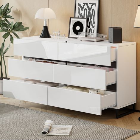 Aparador de salón 140x39.5x78.5 cm, 6 cajones, acabado brillo en frentes, estructura metálica, tablero de partículas, blanco y negro (1/5)