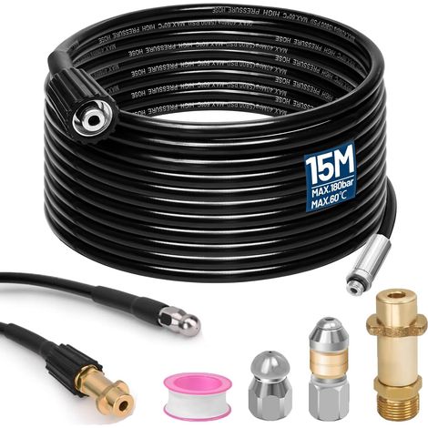 15M Furet, 180 Bar 60°C Tuyau, Deboucheur Canalisation avec Buse Nettoyeur Haute Pression à Jet et Rotative et 1 Adaptateurs, Débouchage Efficace Compatible avec Karcher K2 K3 K4 K5 K6 K7 (1/5)