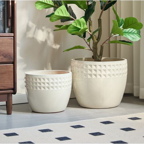 Pflanztopf-Set Ø38/30.5/23 cm cremeweiß Keramik mit Ablaufloch, frostsicher und handgefertigtem Relief (1/5)