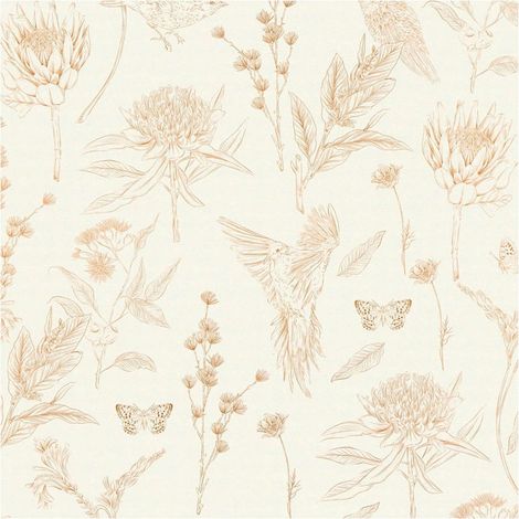 Birds wallpaper wall Profhome 394291 hot embossed non-woven wallpaper slightly textured with floral pattern matt white brown beige orange 5.33 m2 (1/3)