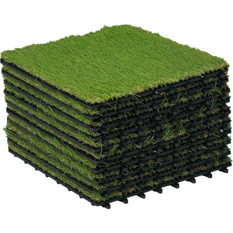 Ensemble de gazon artificiel, 10 pièces, dimensions 30 x 30 cm, épaisseur confortable 3,5 cm, emboîtable, vert. (1/5)