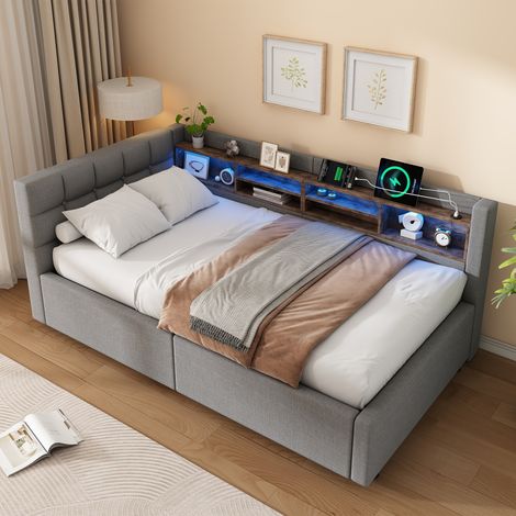 Lit banquette coffre 90x200cm avec rangement hydraulique,étagère,lit de jour avec LED dimmable et USB,lin et MDF,gris (1/5)