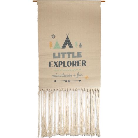 Décoration murale textile - 50 x 70 cm - 50% coton 50% polyester - Modèle LITTLE EXPLORER - Baguette de suspension en bois incluse - Voir photos pour détails