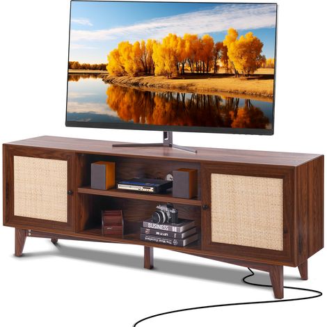 VEVOR Meuble TV en Rotin pour Televiseur 75" Banc TV avec Prise Integree Noyer (1/5)