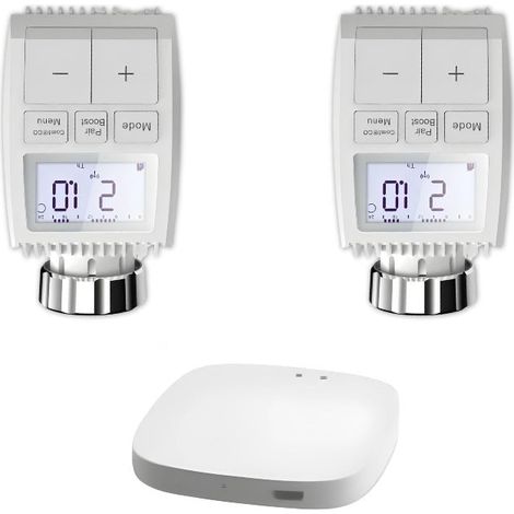 Kit de Têtes Thermostatiques Connectées Universelle avec Ecran LCD + Passerelle ZigBee - Kit 2 têtes + 1 passerelle - SILUMEN