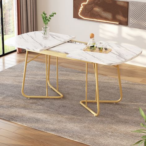 Table de salle à manger extensible – Style moderne – Pieds en métal doré – Structure porteuse – Capacité de 4 à 6 personnes – 140/180 × 80 cm – Blanc (1/5)