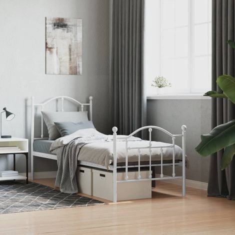 Cadre de lit métal sans matelas avec pied de lit blanc 75x190cm (1/5)