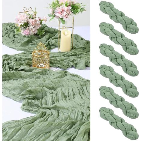 6-teiliges Tischläufer-Set aus salbeigrünem Chiffon, 90 x 300 cm, Boho-Tischläufer aus Gaze für Hochzeitstische (1/5)