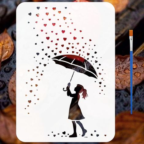 Pochoirs de Parapluie et Dame avec un Pinceau 29,7x21cm Pochoirs de Peinture de Pluie en Forme de Cœur Pochoir de Femme et Parapluie PET Thèmes Humains pour Bois Sol Carrelage Mur DIY (1/5)