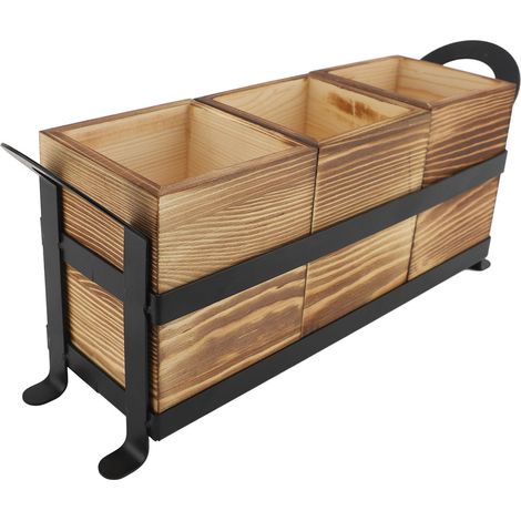 Porte-ustensiles argenté 3 compartiments détachables – Portable poignées couverts comptoir extérieur fer bois pin (1/2)