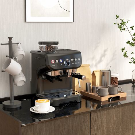 Machine à expresso 1600W avec moulin à grains, buse vapeur, pompe italienne 15 bars, réservoir d'eau 2 L, noir (1/5)