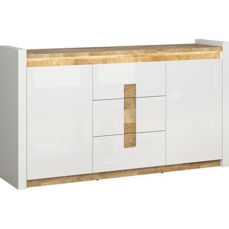 Buffet 2 portes 3 tiroirs avec LED Helios Blanc laqué et Bois (1/5)