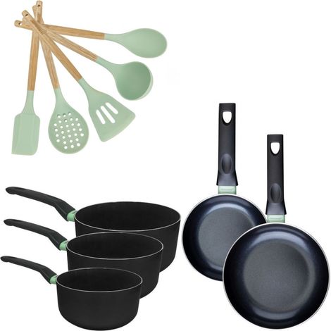 Lot 2 Poêles 16/20cm et 3 Casseroles 16/18/20cm Fackelmann Brandao avec 5 ustensiles Océan (1/5)