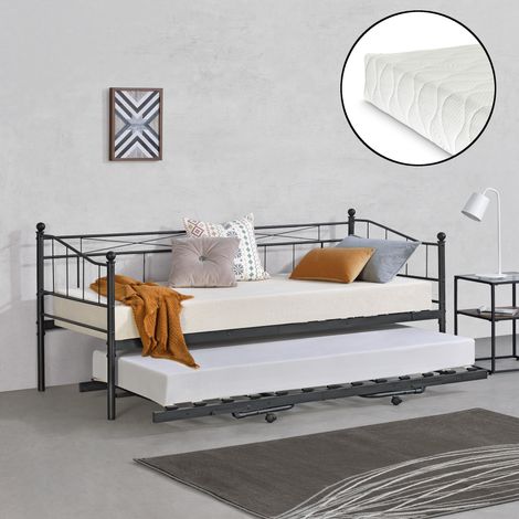 Cama con cama supletoria Skutskär con 2 colchones 90 x 200 cm Metal - Negro mate [en.casa] (1/5)