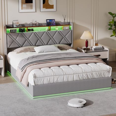 Polsterbett 140x200 cm mit Stauraum, RGB-LED und USB/Type-C-Ladefunktion, modern, Leinenstoff, Grau