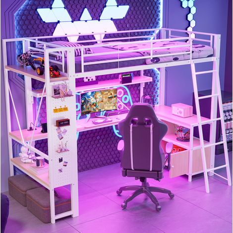 Lit mezzanine 90x200 cm en métal blanc, avec rangement et bureau, chambre FloraGrace (1/5)