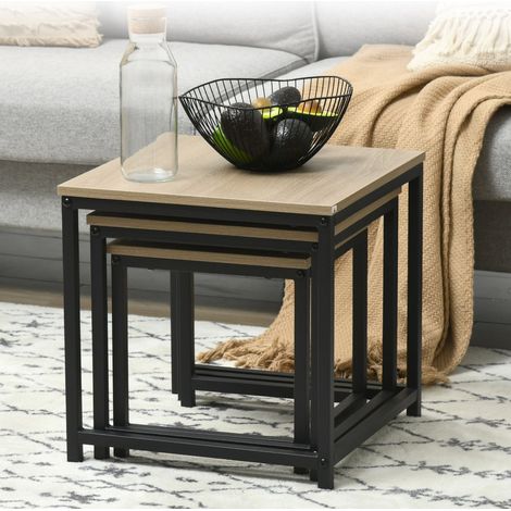 Lot de 3 tables basses gigognes, tables d'appoint de salon, structure en acier noir, plateau en bois, 45x45x44 cm, naturelle (1/5)
