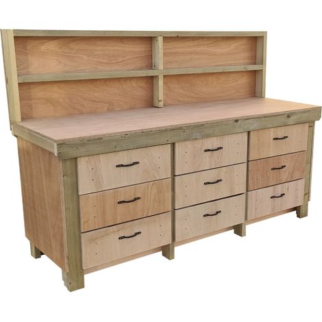 Wooden Eucalyptus hardwood top workbench, tool cabinet with drawers (V.2) (H-90cm, D-70cm, L-240cm) with back (1/5)