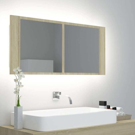 Armoire murale de salle de bain à miroir à LED - Meuble de rangement de bain Chêne sonoma 100x12x45 cm BV732281 - BonneVie (1/5)