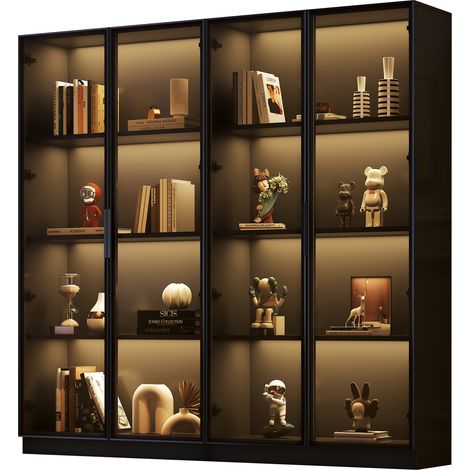 Vitrine en verre à LED pilotable par APP,4 portes et étagères mobiles meuble haut autoportant pour salon et salle de bain.