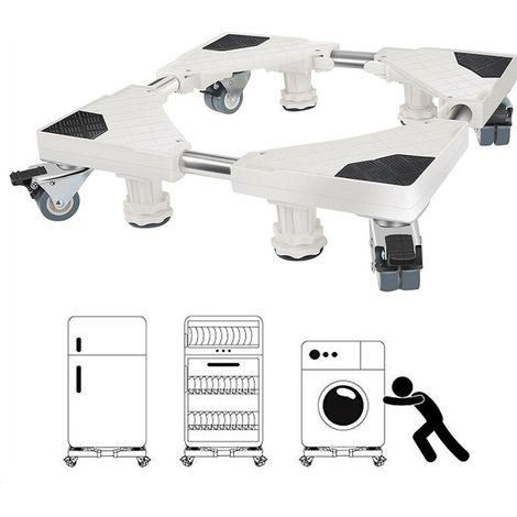 Support de Machine à Laver, Base pour Réfrigérateur/lave-linge/sèche-linge, Réglable en Longueur 47cm-69cm, Support Charge 150 kg, avec l'Effet de Réduiction du Bruit, Noir Blanc (1/5)