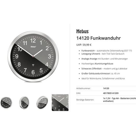 Horloge radiopilotée Mebus 14120 radiopiloté(e) 45 cm aluminium mécanisme d'horloge silencieux
