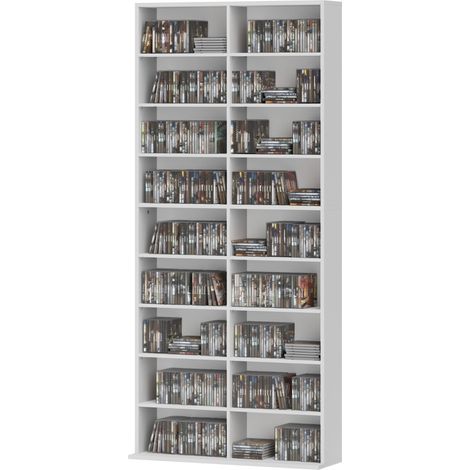 Support CD/DVD/Blu-ray 640 CD, 360 DVD, 430 Blu-ray, étagère multimédia blanc 78,5 x 24 x 175 cm