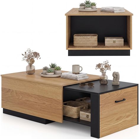 COSTWAY Table Basse Plateau Extensible 80-118cm, Table Basse Bois Noir avec Compartiment Coulissant, Compartiment Latéral, Table de Salon Rectangulaire pour Salon Bureau Réception, Charge 140kg (1/5)