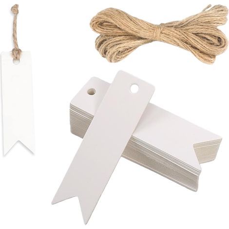 100 etiquetas Kraft de 7x2 cm, con 20 m de cordel de yute, etiquetas para manualidades, bodas, Navidad y envoltorios de regalo - Blanco (1/5)