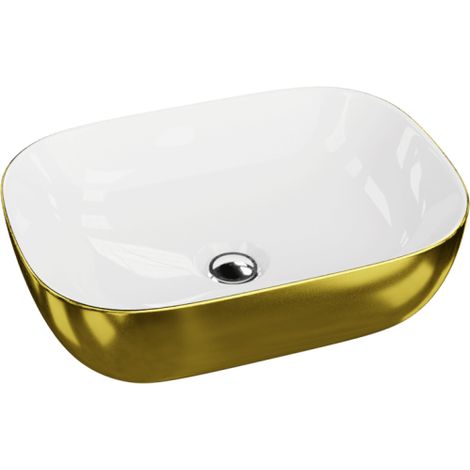 LAVITA Aufsatzwaschtisch Costa Gold/White Aufsatzwaschbecken Rechteckig Waschbecken ohne Überlauf und Hahnloch Aus hochwertigem Porzellan Waschtisch 46x32,5x13,5 cm Weiß/Gold (1/5)