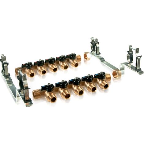 Arcanaute – Kit collecteur pour plancher chauffant 5 circuits – 2 collecteurs mâle 20/27 – 3/4" femelle 15/21 – 2 bouchons laiton à visser