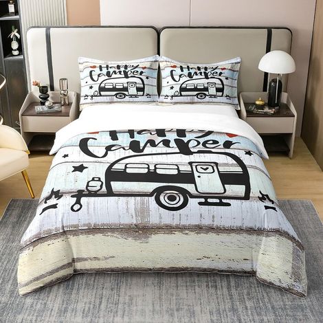 Housse De Couette Camping Voiture De Voyage 140x200cm 100% Coton-Parure Camper Happy Camping Theme Respirant-Décor Chambre Vintage Wooden Door - 140 x 200 cm + 1 taie d'oreiller 65 x 65 cm (1/5)