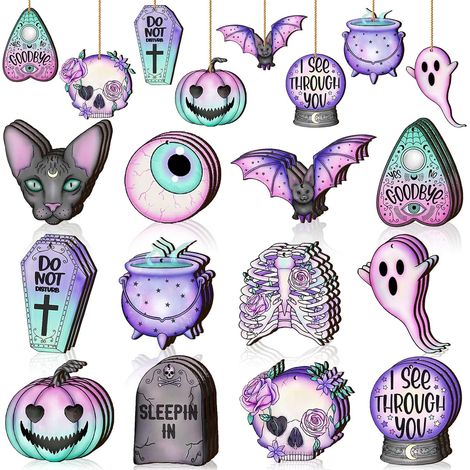 36 décorations en bois pour Halloween : fantômes violets et roses, décorations pour sapin, chats noirs fantômes, crânes et citrouilles, découpes en bois avec ficelles – Décorations d’Halloween pour la (1/5)