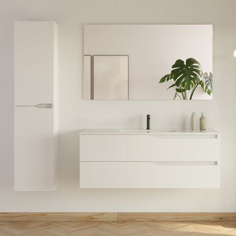 Meuble de salle de bain 120cm avec simple vasque - 2 tiroirs et colonne de rangement - blanc mat - LUNA (1/5)