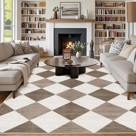 Tapis de salon, 200 x 300 cm, grand, lavable, à poils courts, antidérapant, motif à carreaux, moderne, pour chambre à coucher, chambre d'enfant, bureau, salle à manger, marron, beige et blanc (1/5)