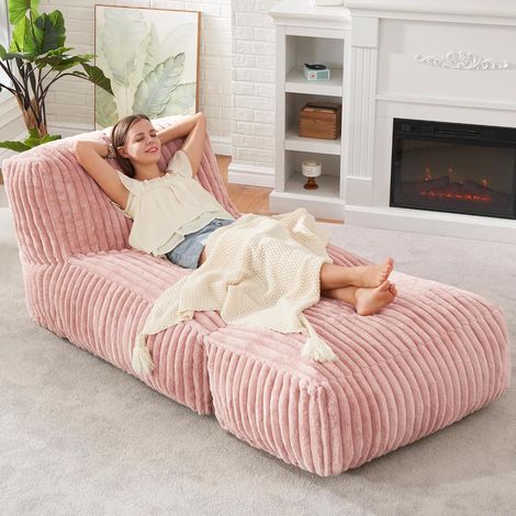 Grand pouf de salon, chaise longue, grand pouf pour adulte avec mousse à mémoire de forme, rembourré pour salon, chambre à coucher, balcon (rayé rose) (1/5)