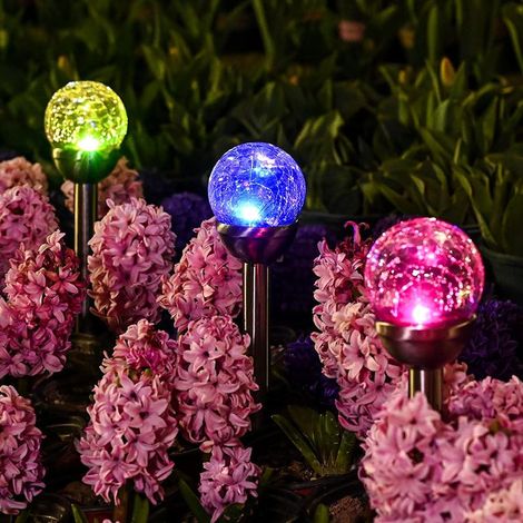 Lot de 3 lampes solaires d'extérieur en forme de boule de verre craquelé à double LED, lumières de paysage/allée pour chemin, terrasse, cour, changement de couleur et blanc (1/4)