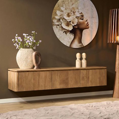 Meuble TV suspendu en bois de manguier 3 portes 165 cm KASO (1/5)