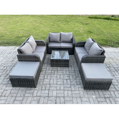 Fimous 8 places Dossier haut Salon de jardin avec Table basse carrée 2 Grand tabourets Canapé d'amour Ensemble de canapés en rotin Gris foncé mixte (1/5)